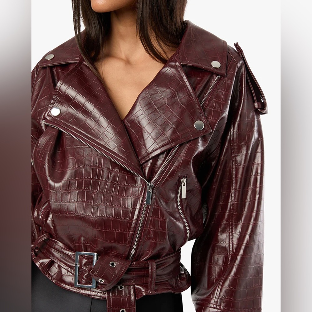 WeWoreWhat Cropped Moto Jacket - Merlot (Burgundy Croc Vegan Leather) - SOLD OUT
